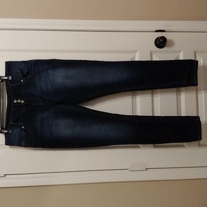 Maurces skinny jeans, dark blue, high rise 3 button, size large/reg length